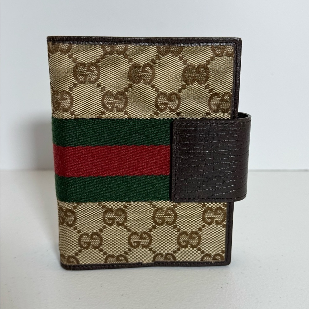 AUTHENTIC Gucci Beige and Brown Canvas Agenda with Red and Green Stripe